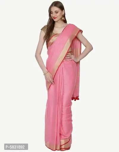 Baby Pink Women Cotton Saree With Plain Zari Border Contrast Red  Blouse Piece-thumb0