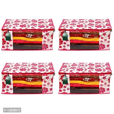 Pink Flower Saree Covers With Zip Saree Covers For Storage Saree Packing Covers For Wedding (Plain_P-Flower) Pack Of 4