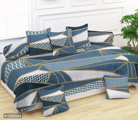 Soft Glace Cotton Designer Printed Diwan Set, 1 Single Bedsheet, 2 Bolster Covers, 5 Cushion Covers (Abstract) - 8 Piece