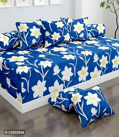 Soft Glace Cotton Designer Printed Diwan Set, 1 Single Bedsheet, 2 Bolster Covers, 5 Cushion Covers (Abstract) - 8 Piece