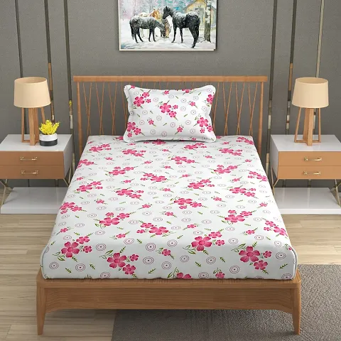 Printed Glace Cotton Single Fitted Bedsheet with 2 Pillow Cover