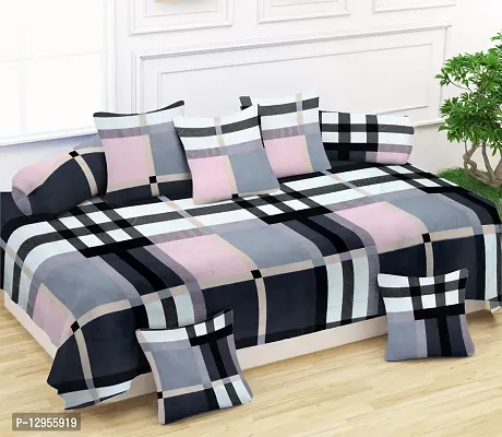 Soft Glace Cotton Designer Printed Diwan Set, 1 Single Bedsheet, 2 Bolster Covers, 5 Cushion Covers (Abstract) - 8 Piece