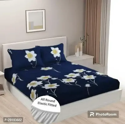 Stylish Navy Blue Glace Cotton Fitted(elastic) 1 Bedcover + 2 Pillowcovers-thumb0