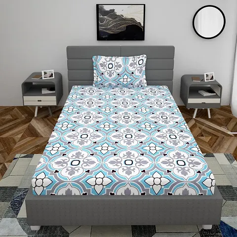 Printed Glace Cotton Single Fitted Bedsheet with 2 Pillow Cover