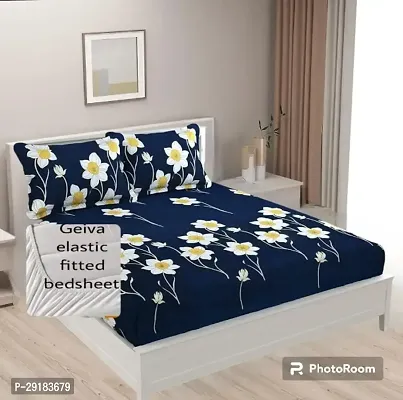 Stylish Navy Blue Glace Cotton Fitted(elastic) 1 Bedcover + 2 Pillowcovers-thumb0