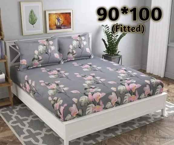 Printed Glace Cotton Elastic Fitted Double Bedsheet with 2 Pillow Covers