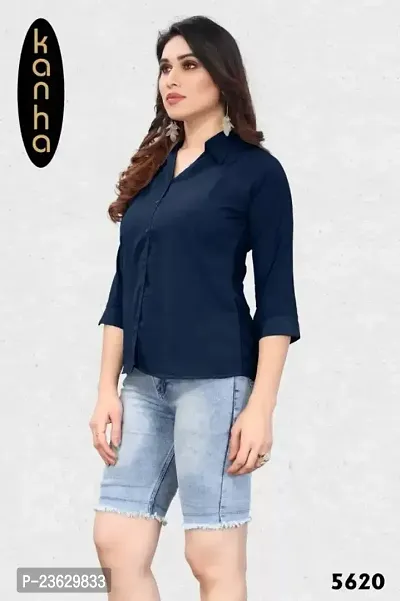 Elegant Blue Cotton Blend Solid Shirt For Women-thumb0