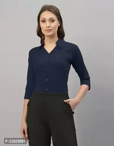 Elegant Blue Cotton Blend Solid Shirt For Women-thumb0