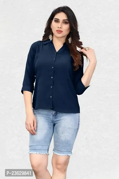 Elegant Blue Cotton Blend Solid Shirt For Women-thumb0