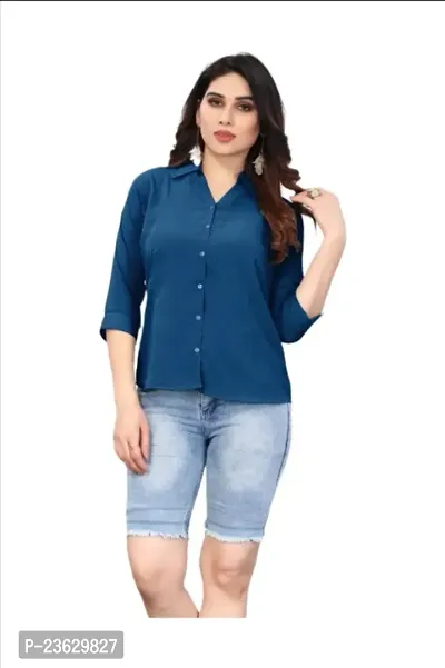 Elegant Blue Cotton Blend Solid Shirt For Women