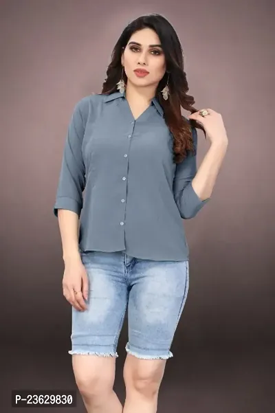 Elegant Grey Cotton Blend Solid Shirt For Women-thumb0