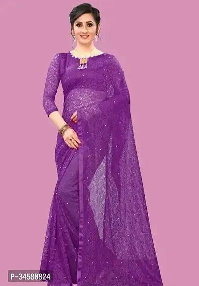 Stylish Purple Net Saree With Blouse Piece For Women-thumb0