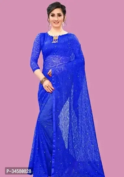 Stylish Blue Net Saree With Blouse Piece For Women