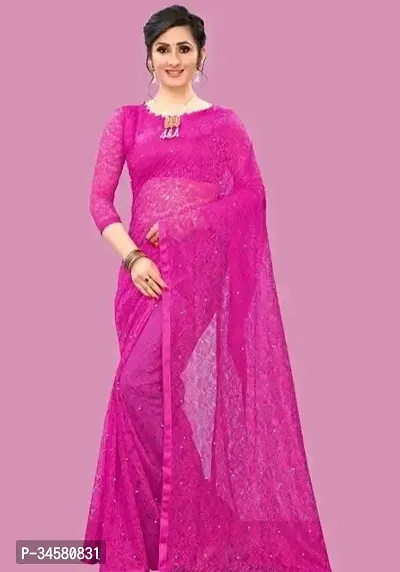 Stylish Pink Net Saree With Blouse Piece For Women-thumb0