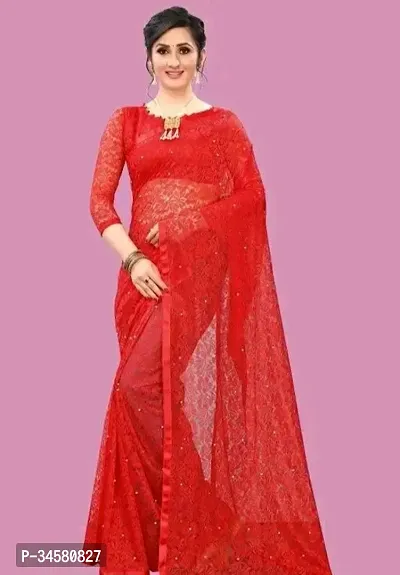 Stylish Red Net Saree With Blouse Piece For Women-thumb0