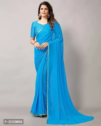 Elegant Blue Crepe Saree with Blouse piece For Women-thumb0