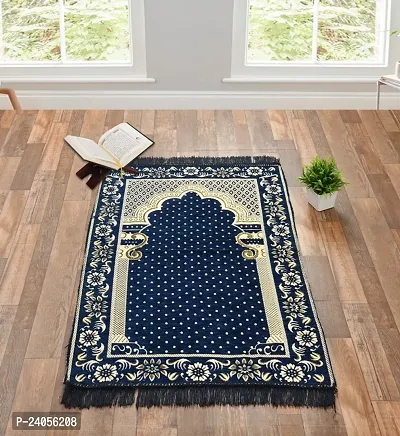 Furnishing Hut Velvet Handcrafted Muslim Islamic Prayer Mat/Janamaz Mat, Chenille Look, Soft, Foldable (Pack Of 1 Blue )-thumb0