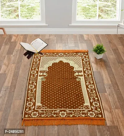 Furnishing Hut Velvet Handcrafted Muslim Islamic Prayer Mat/Janamaz Mat, Chenille Look, Soft, Foldable (Pack Of 1 Beige )