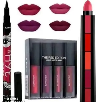 Tilkor Liquid Lipstick Smudge Proof And Waterproof Red And 5 In 1 And H 36 Eye Liner- Set Of 6-thumb0