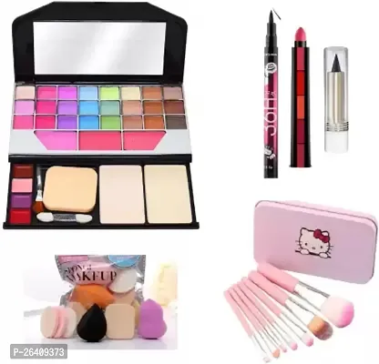 Tilkor Makeup Kit Eyeliner, Kajal, Makeup Brushes, Sponges And 5 In 1 Lipstick- Set Of 6
