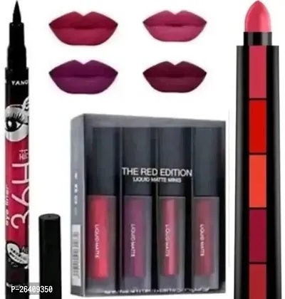 Tilkor Lipstick Smudge Proof Matte Mee 4 Pieces 5In1 Red Plus 3 Pieces H 36 Eyeliner- Set Of 6-thumb0