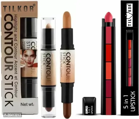 Tilkor Highlighter And Contour Stick And 5 In 1 Lipstick -Multicolor, 15 G