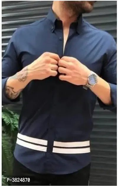 Navy Blue Cotton Blend Casual Shirt For Men-thumb0