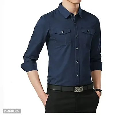 Navy Double Pocket Casual Shirt For Men-thumb2