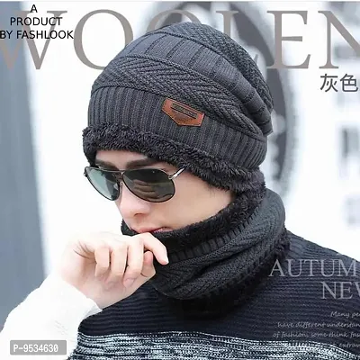 Beautiful Woolen Dark Grey Beanie Winter Cap For Men-thumb0