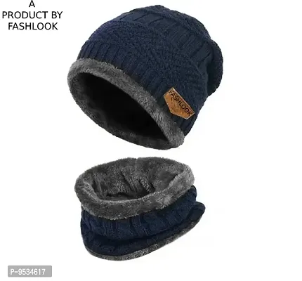 Beautiful Woolen Navy Blue Beanie Winter Cap For Men-thumb0