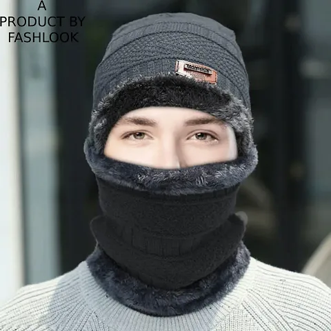 Elegant Woolen Solid Cap With Face Cover/ Balaclava Cap