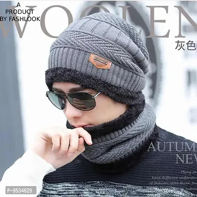 Beautiful Woolen Light Grey Beanie Winter Cap For Men-thumb0