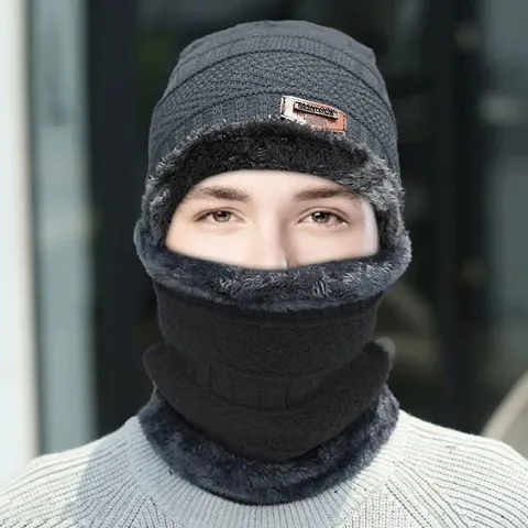 Elegant Woolen Solid Cap With Face Cover/ Balaclava Cap