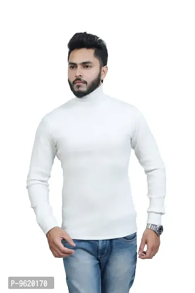 Stylish White Woolen High Neck Solid Sweat Shirt For Men-thumb2