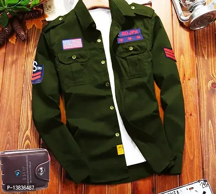 Elegant Green Cotton Blend Cargo Double Pocket Shirt For Men