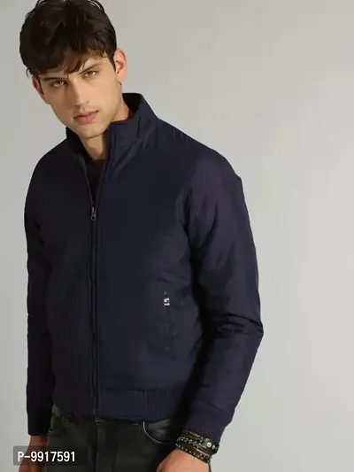 Stylish Navy Blue Polyester Solid Long Sleeves Bomber Jackets For Men-thumb0