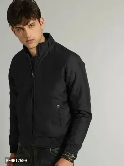 Stylish Black Polyester Solid Long Sleeves Bomber Jackets For Men