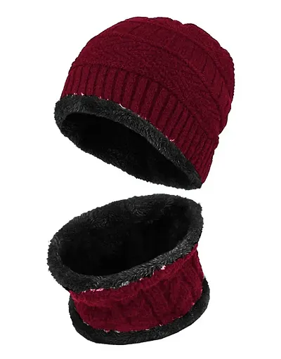 Snow Proof Inside Fur Wool Unisex Cap Neck Warmer Set for Mens Womens