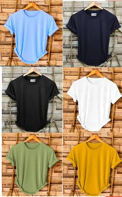 Stylish Polyester Solid Round Neck Tees For Men - Combo of 6