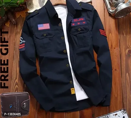 Elegant Navy Blue Cotton Blend Cargo Double Pocket Shirt For Men-thumb0