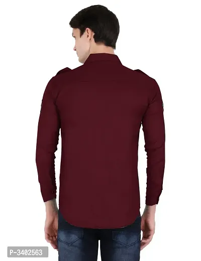 Men's Maroon Cotton Blend Solid Long Sleeves Regular Fit Casual Shirt-thumb3