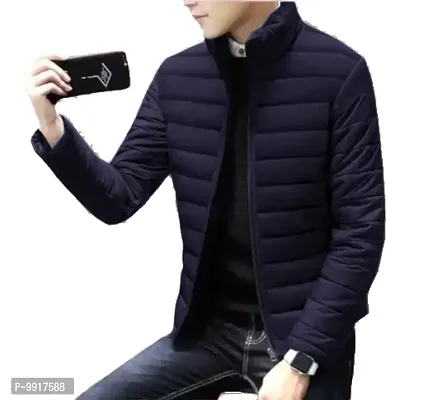 Stylish Navy Blue Polyester Solid Long Sleeves Bomber Jackets For Men-thumb0