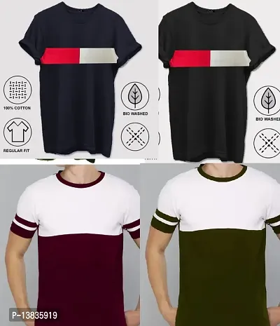Stylish Cotton Blend Printed Round Neck Tees For Men-Pack Of 4