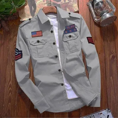 Reliable Cotton Blend Solid Long Sleeves Cargo Double Pocket Shirt For Men