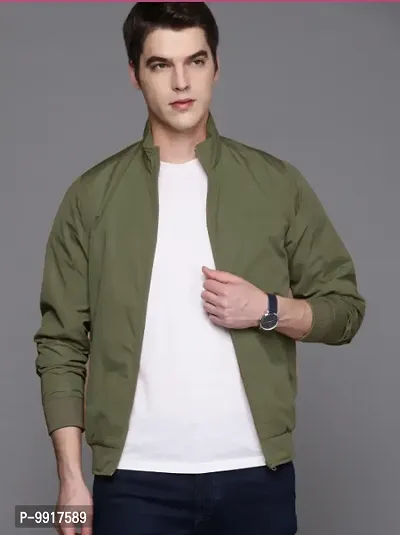 Stylish Green Polyester Solid Long Sleeves Bomber Jackets For Men
