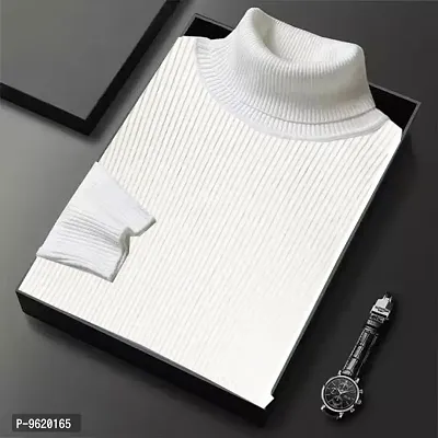 Stylish White Woolen High Neck Solid Sweat Shirt For Men