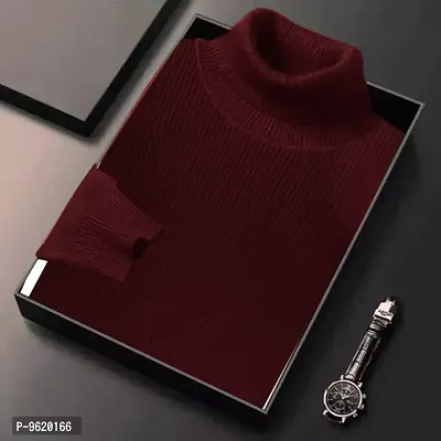Stylish Maroon Woolen High Neck Solid Sweat Shirt For Men
