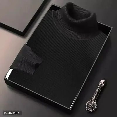 Stylish Black Woolen High Neck Solid Sweat Shirt For Men-thumb0