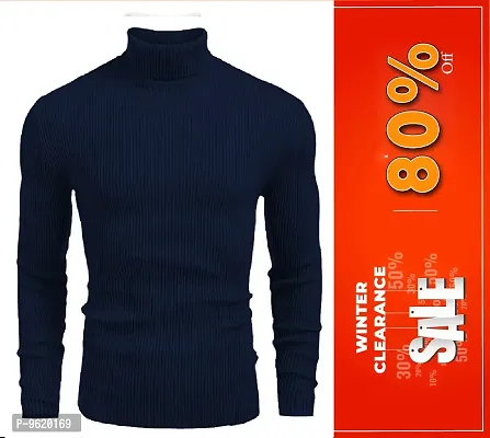 Stylish Navy Blue Woolen High Neck Solid Sweat Shirt For Men