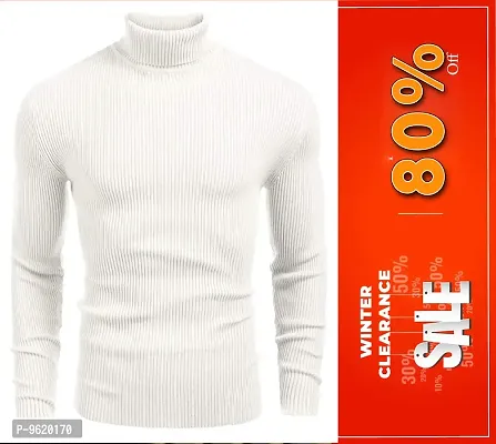Stylish White Woolen High Neck Solid Sweat Shirt For Men